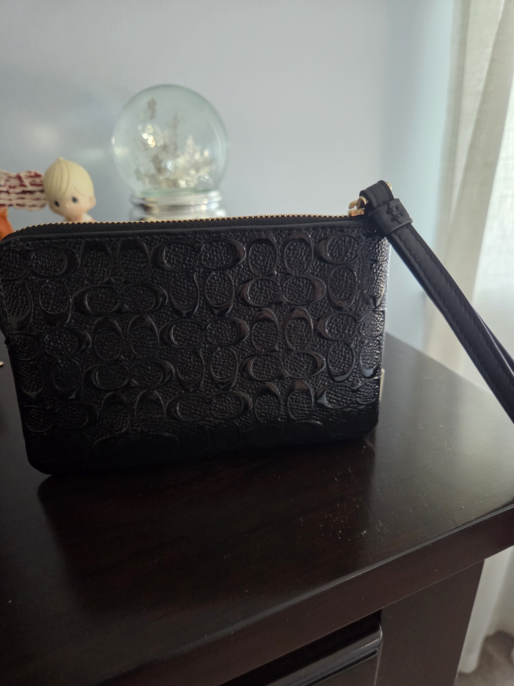 Coach Black Embossed Leather Zip Wristlet with Gold Logo - Picture 2 of 3